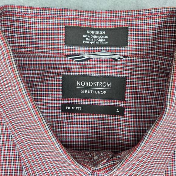Nordstrom Mens Large Non Iron Trim Fit Long Sleeve Button Down Shirt Red Plaid - Picture 6 of 9